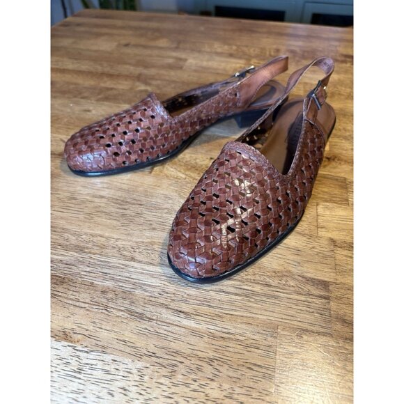TROTTERS Lea Woven Brown Leather Slingback Flats Huarache Quiet Luxury Size 8.5 - Picture 2 of 8
